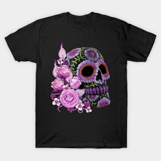 Pink Floral Black Sugar Skull Day Of The Dead T-Shirt